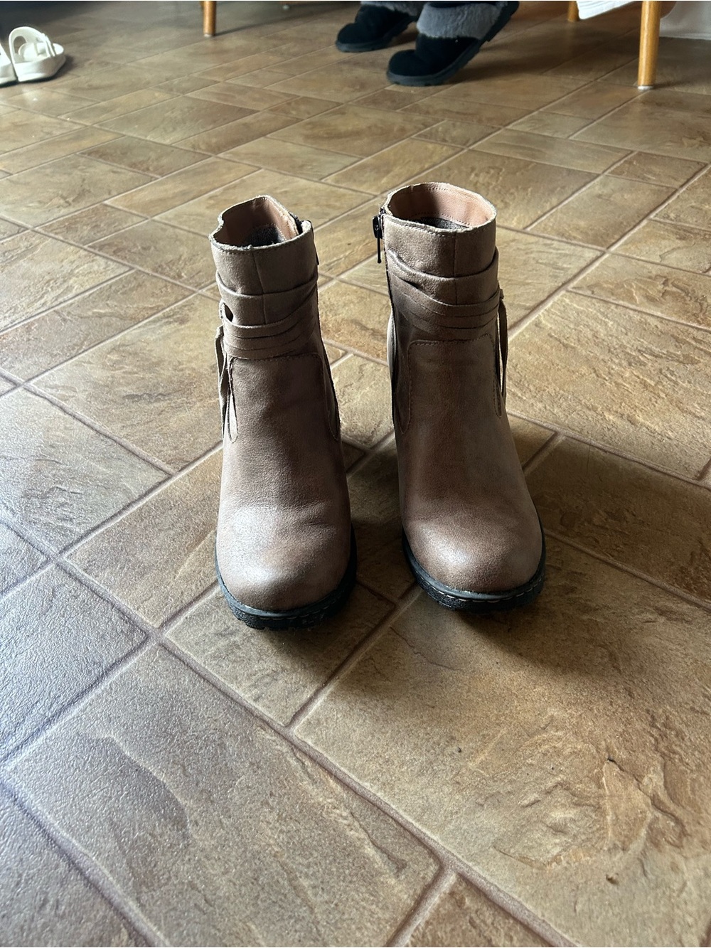 B.O.C Taupe Suede Ankle Heeled Boots with Side Zip and Wrap Strap